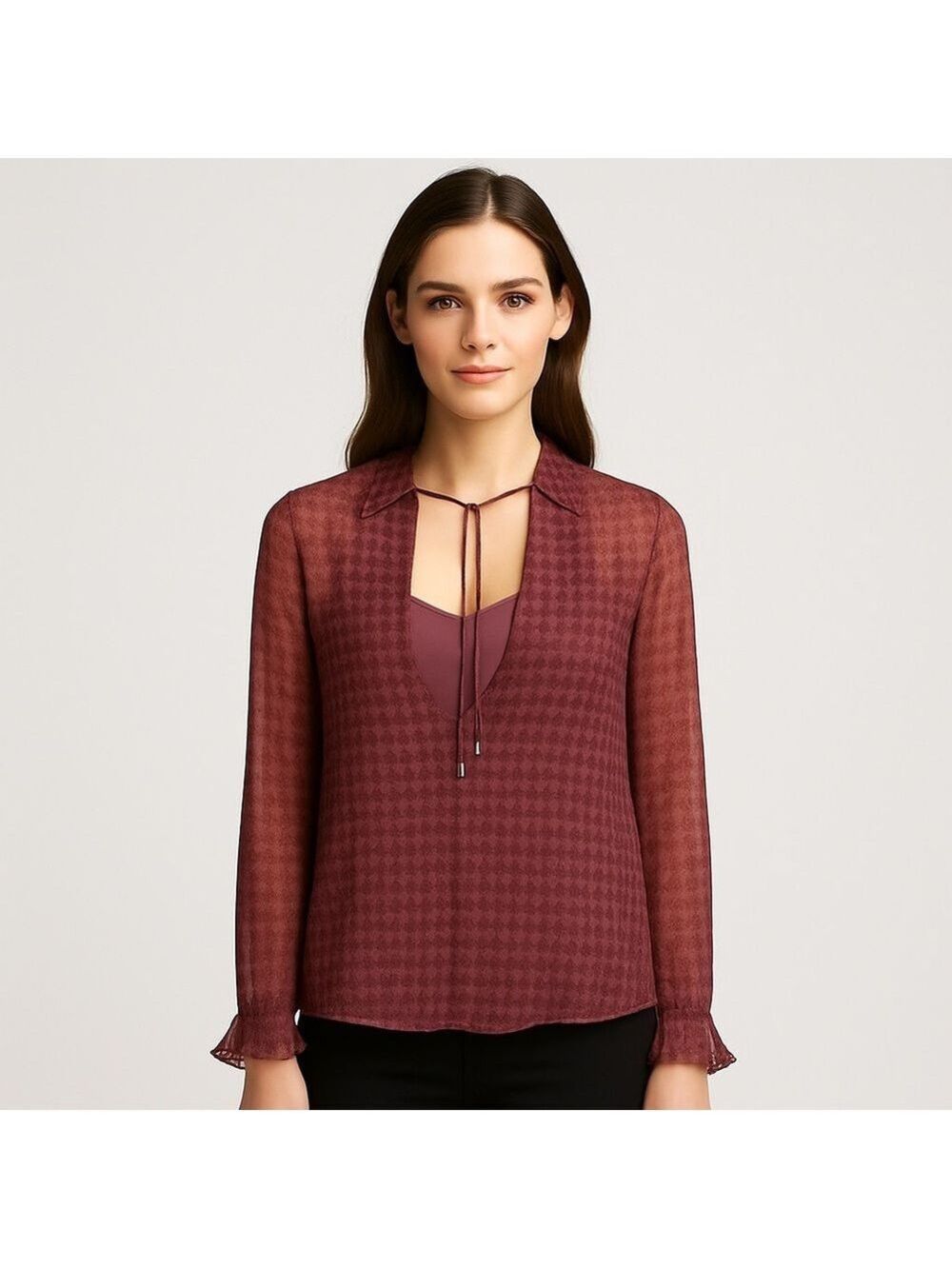 Paige Brea 100% Silk Burgundy Red Houndstooth Blouse Sheer Small houndstooth